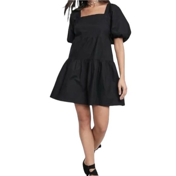 HOUSE of HARLOW Revolve Black Linen Dress NEW Puff Sleeve Babydoll Smocked Mini - Picture 1 of 11